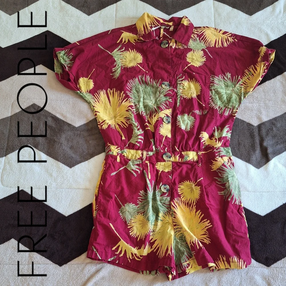 Free People Maroon Malibu Tropical Print Romper